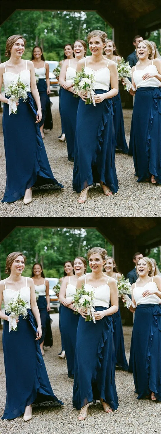 Sheath Spaghetti Straps Royal Blue Sleeveless Long Cheap Bridesmaid Dresses with Ruffles, TYP1013