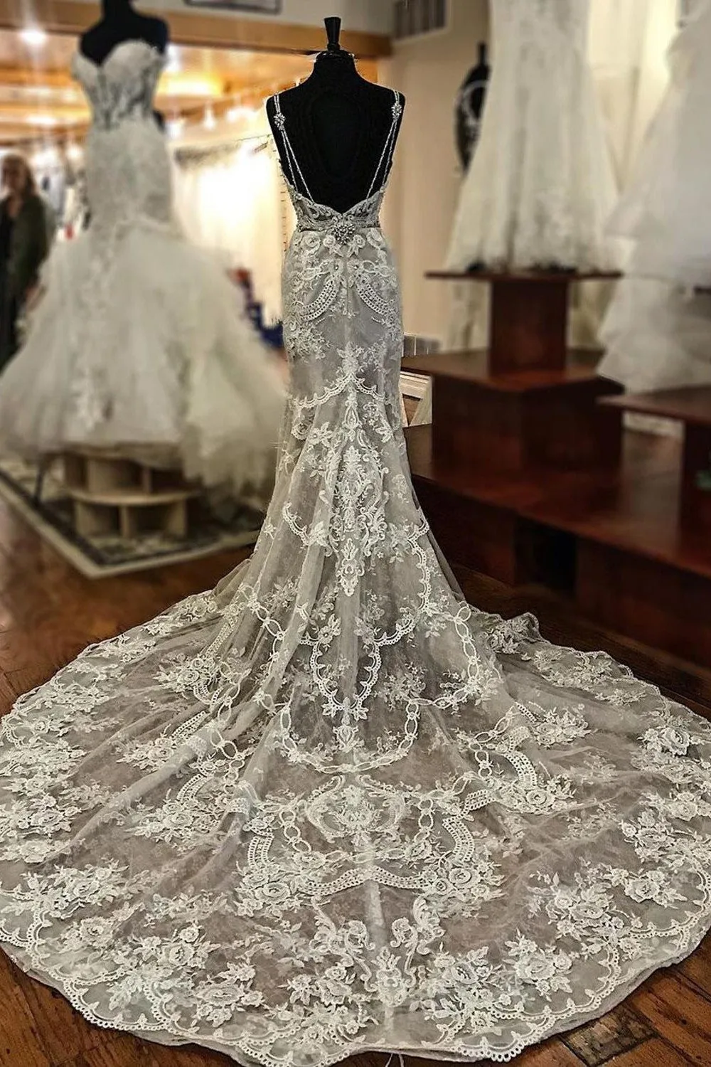 Sheath V-neck Wide Strap Floor Length Backless Tulle Lace Applique Wedding Dresses