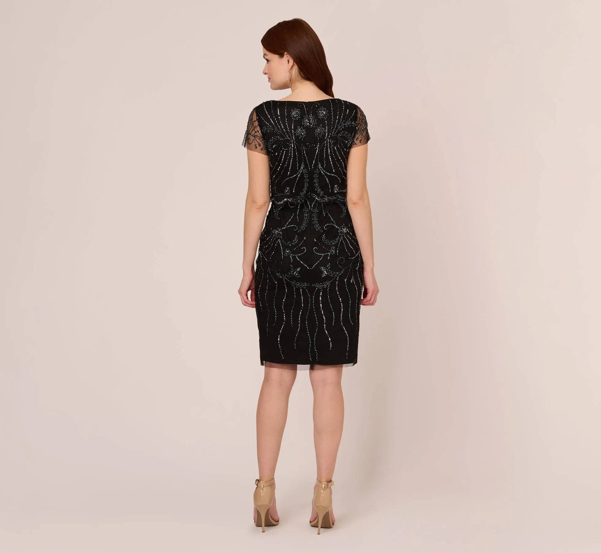 Short Sleeve Beaded Cocktail Dress With Popover In Black Gunmetal