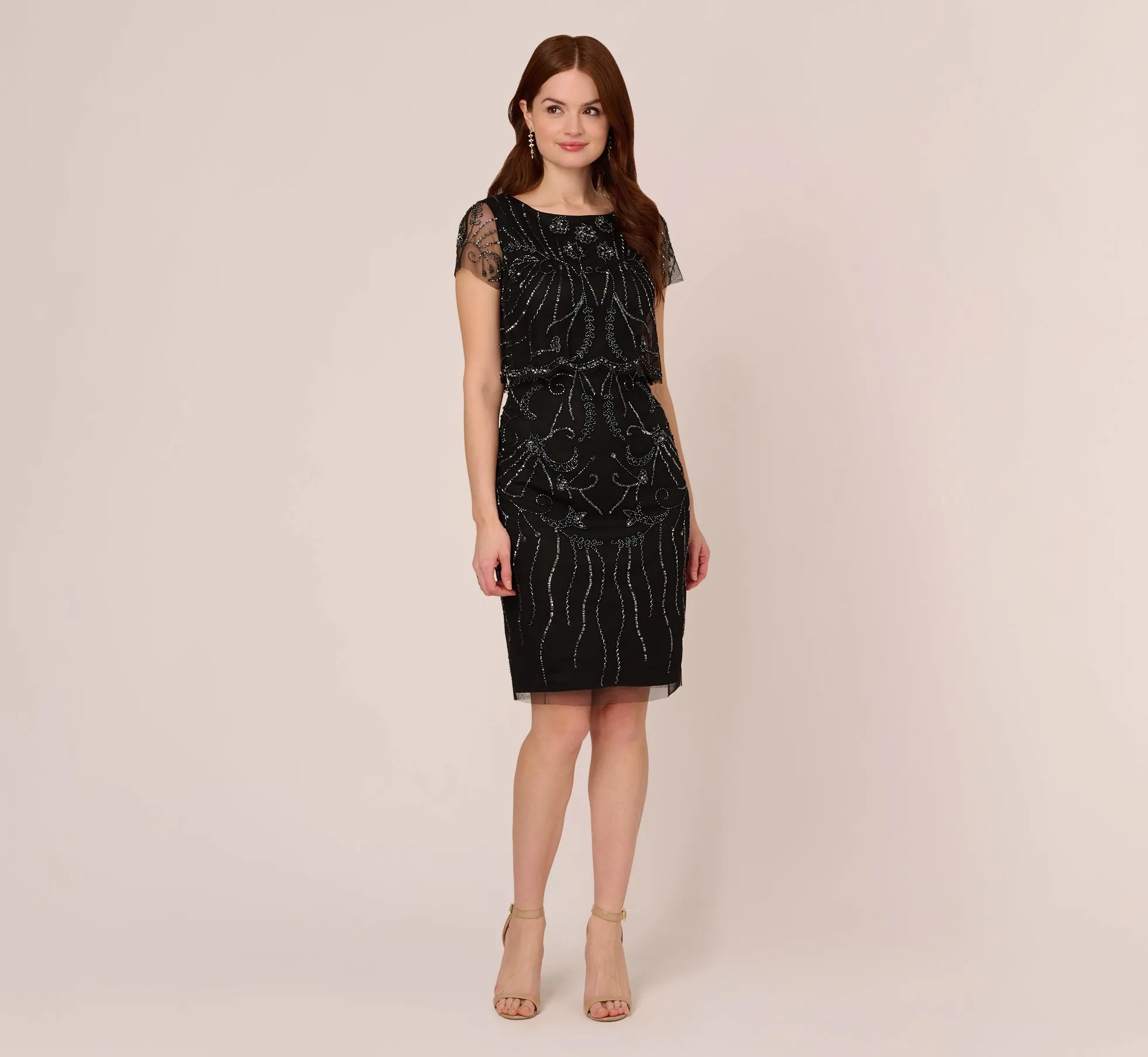 Short Sleeve Beaded Cocktail Dress With Popover In Black Gunmetal
