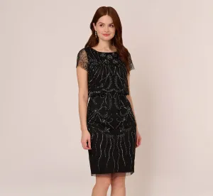 Short Sleeve Beaded Cocktail Dress With Popover In Black Gunmetal