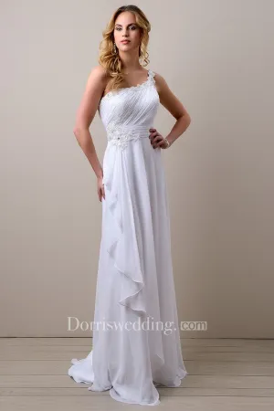 Side Draping A-Line Chiffon Wedding Dress With One-Shoulder And Ruched Bodice