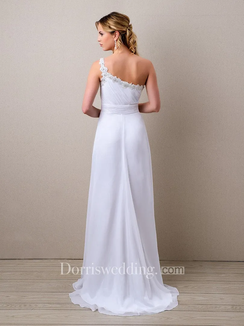 Side Draping A-Line Chiffon Wedding Dress With One-Shoulder And Ruched Bodice