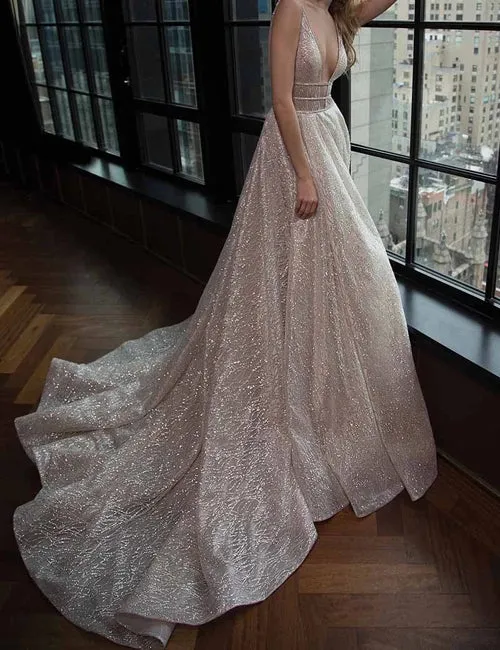 Simple Prom Dresses V-neck Silver Organza Long Prom Dress/Evening Dress,MP577