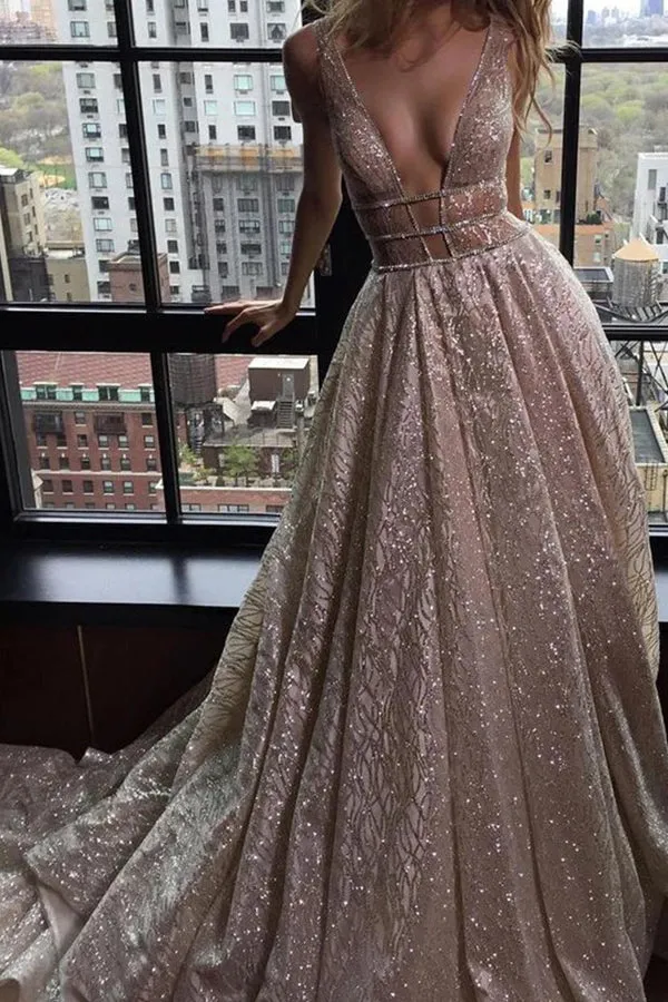 Simple Prom Dresses V-neck Silver Organza Long Prom Dress/Evening Dress,MP577