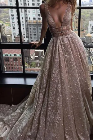 Simple Prom Dresses V-neck Silver Organza Long Prom Dress/Evening Dress,MP577