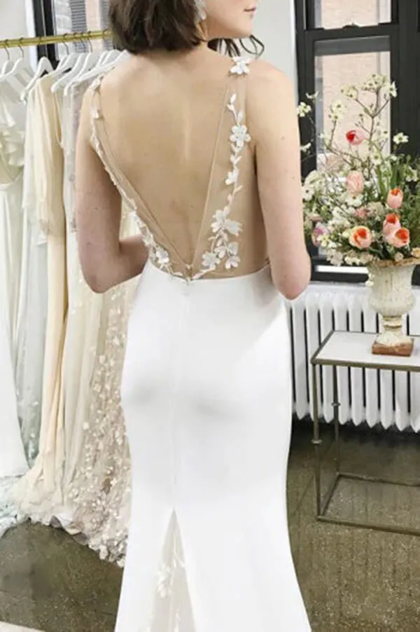 Simple Satin Sheath Deep V-neck Wedding Dresses With Lace Appliques, MW746