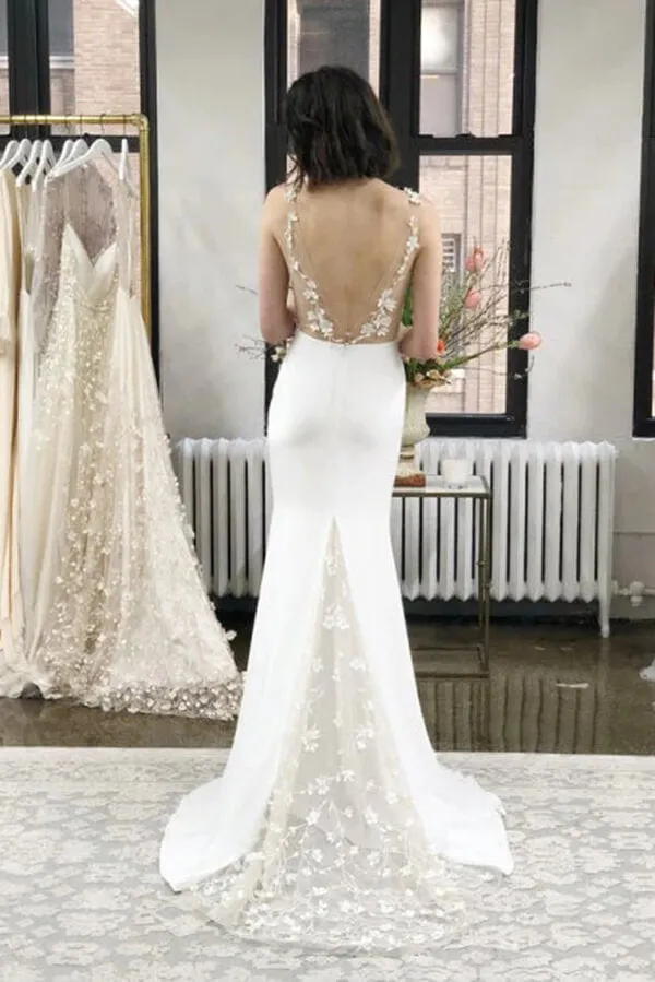 Simple Satin Sheath Deep V-neck Wedding Dresses With Lace Appliques, MW746