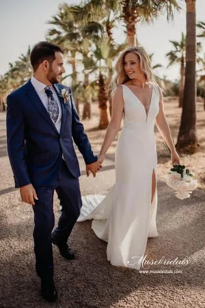 Simple Satin Sheath V-neck Wedding Dresses With Buttons, Bridal Gown, MW930
