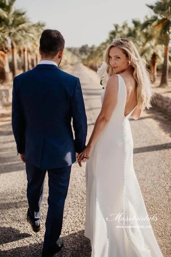 Simple Satin Sheath V-neck Wedding Dresses With Buttons, Bridal Gown, MW930