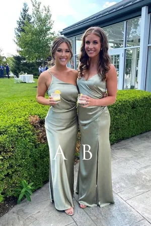 Simple Sheath Sage Green Floor Length Bridesmaid Dresses With Side Slit, MBD175