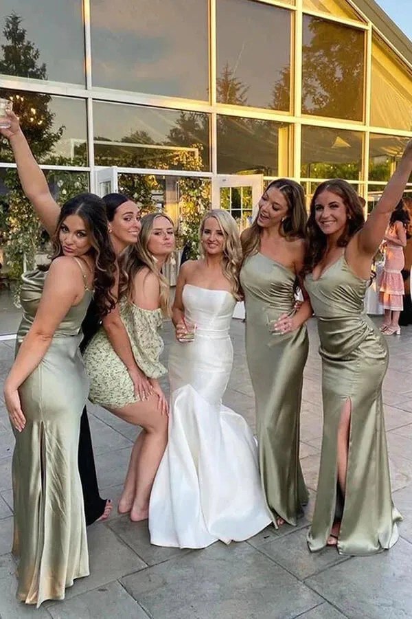 Simple Sheath Sage Green Floor Length Bridesmaid Dresses With Side Slit, MBD175