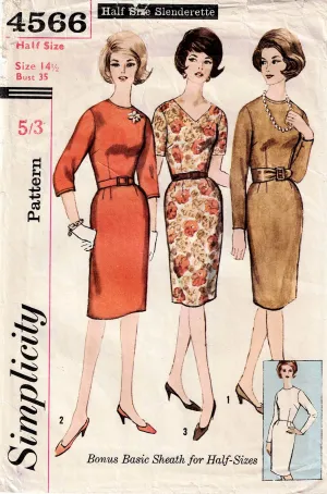 Simplicity 4566 Womens Classic Half Size Sheath Dress 1960s Vintage Sewing Pattern Size 14 1/2 Bust 35 inches