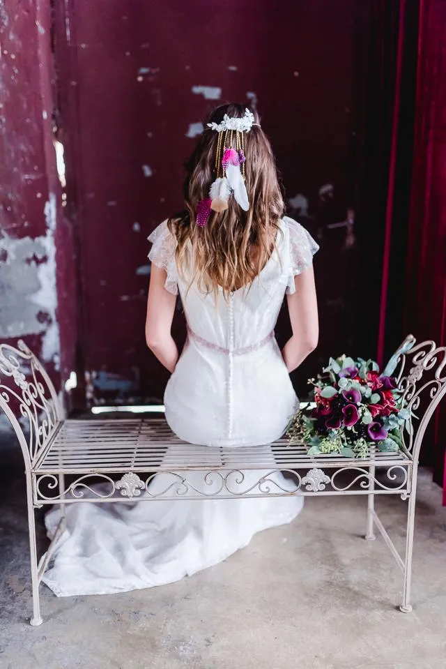 Soft V-neck Lace Wedding Gown Dress with Cap Sleeves