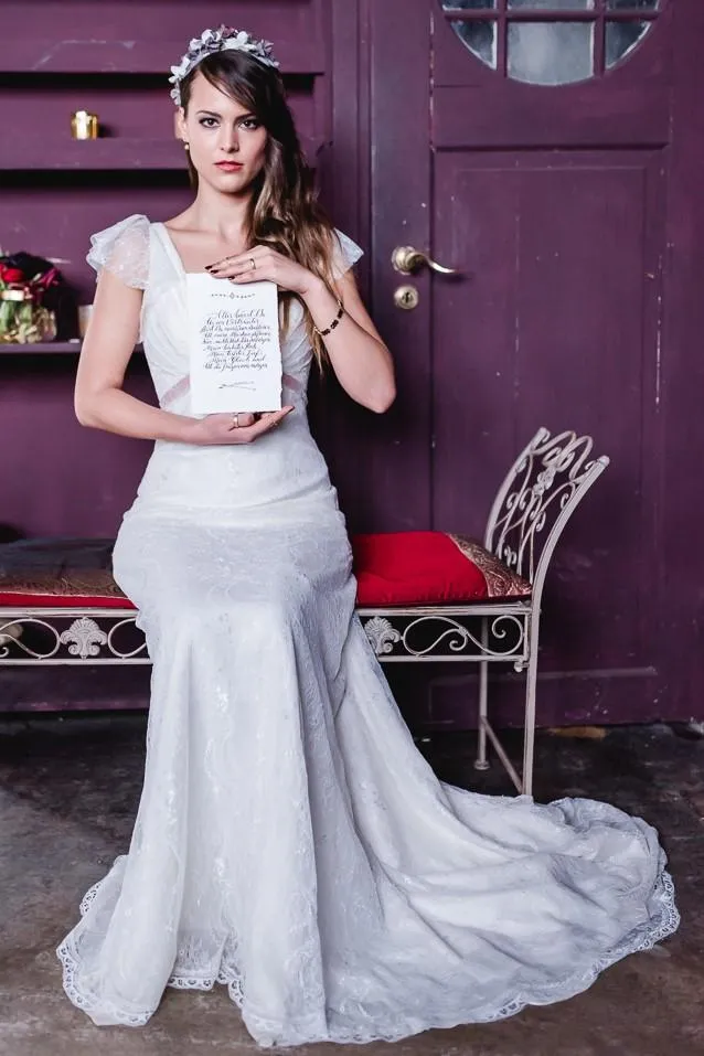 Soft V-neck Lace Wedding Gown Dress with Cap Sleeves