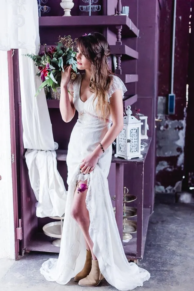 Soft V-neck Lace Wedding Gown Dress with Cap Sleeves