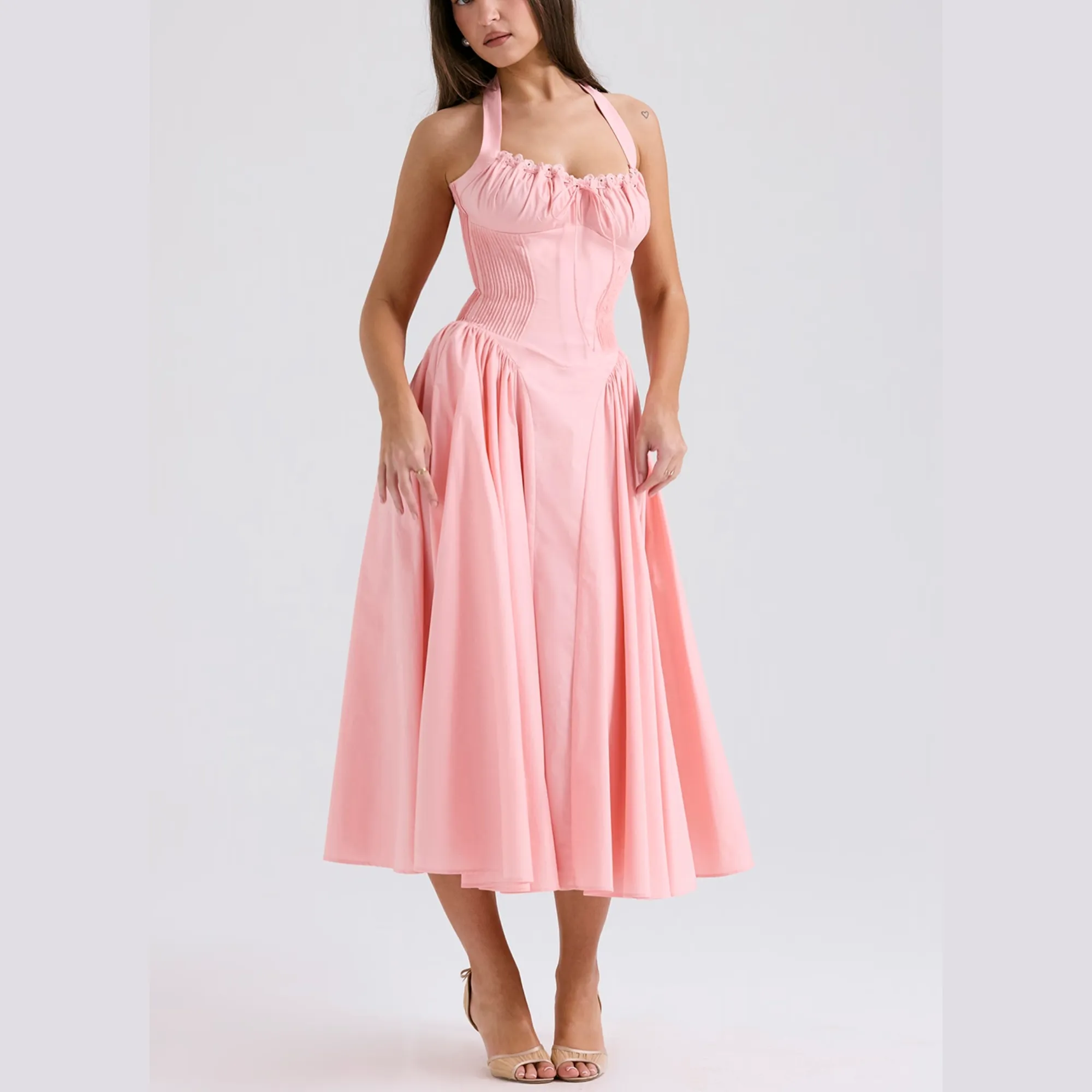 Solene - Pink A Line Midi Halter Neck Dress