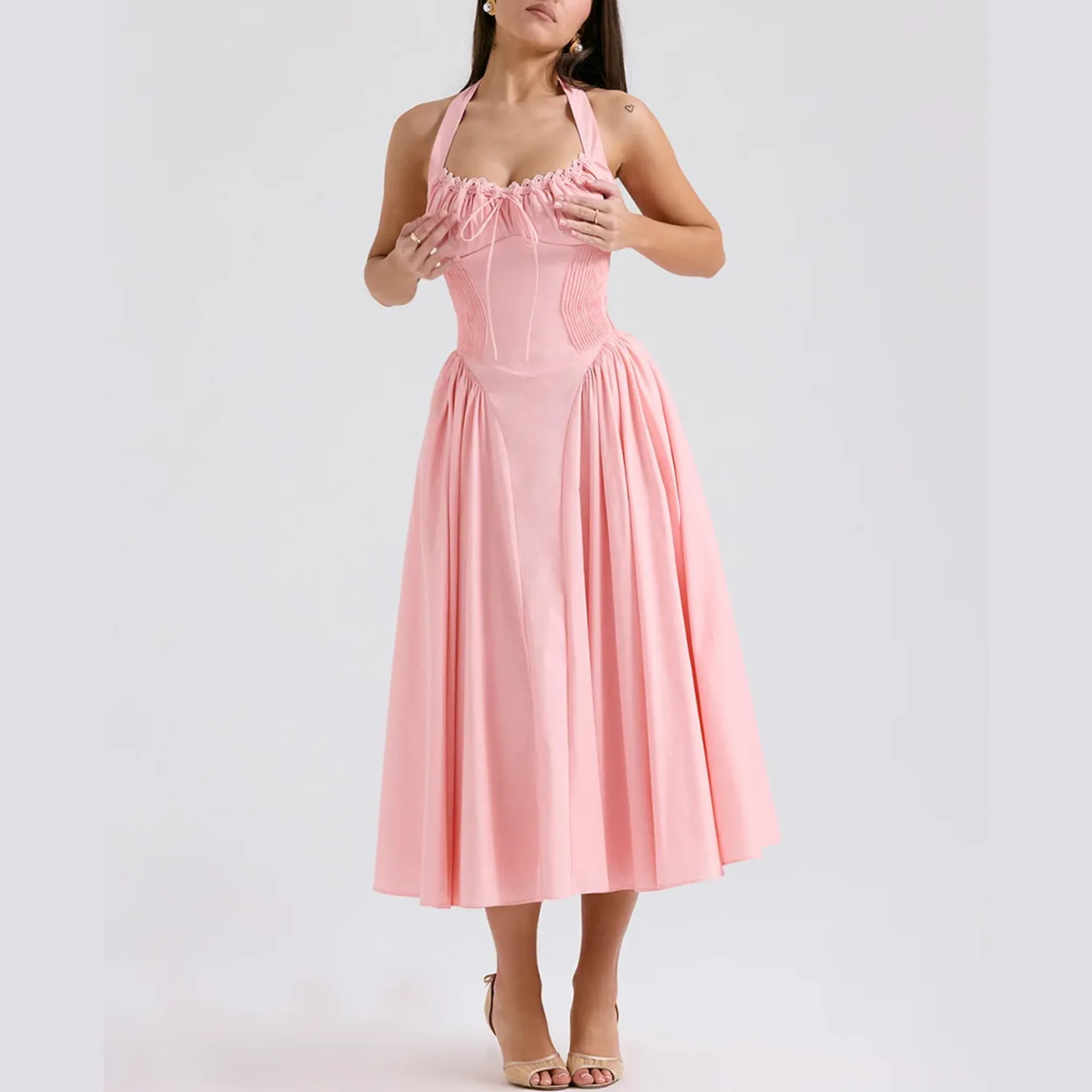 Solene - Pink A Line Midi Halter Neck Dress