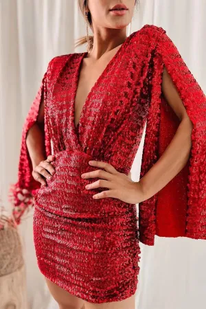 Solid Sequins V Neck Wrapped Skirt Dresses