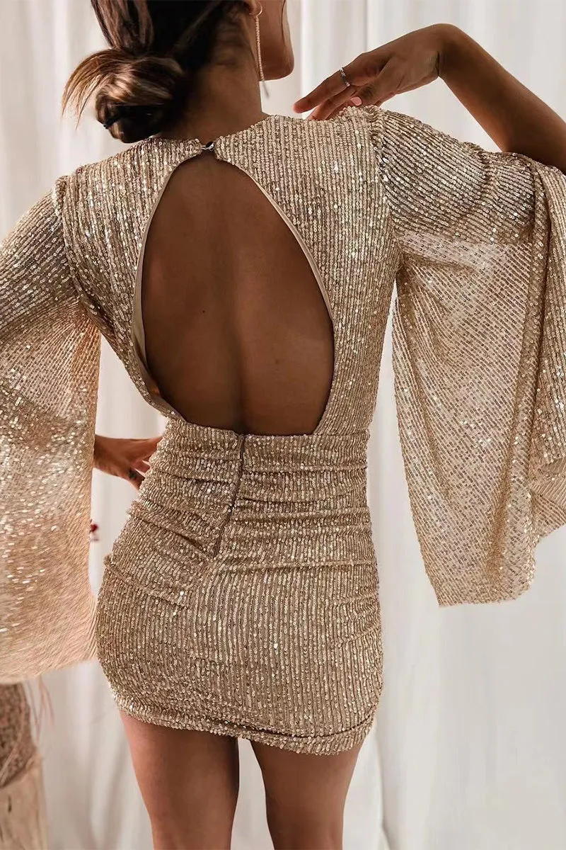 Solid Sequins V Neck Wrapped Skirt Dresses
