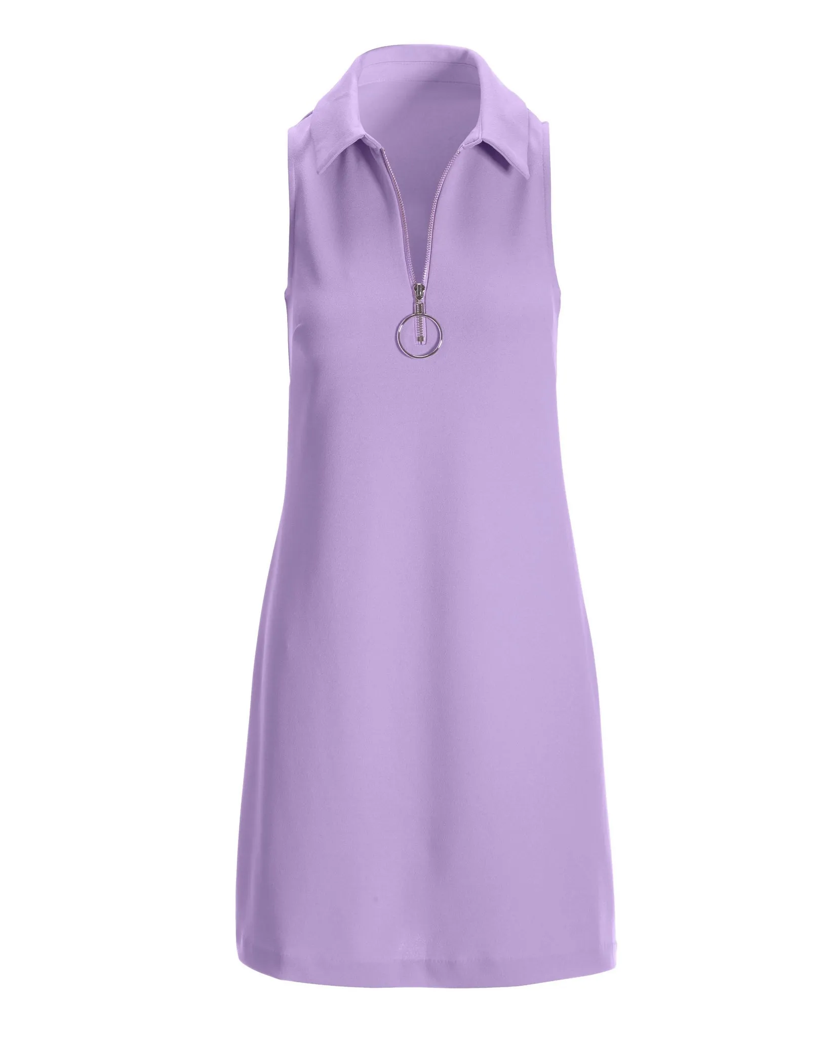 Solid Zippered Front Sleeveless Collared Dress Lavender