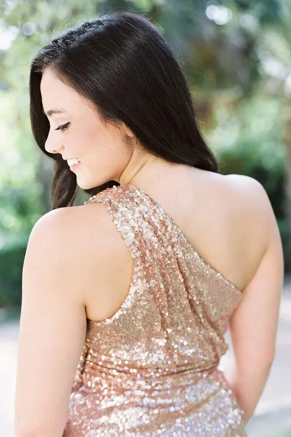 Sparkly Rose Gold Sequins One Shoulder Long Bridesmaid Dresses, MBD189