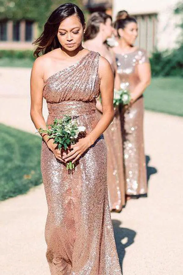 Sparkly Rose Gold Sequins One Shoulder Long Bridesmaid Dresses, MBD189