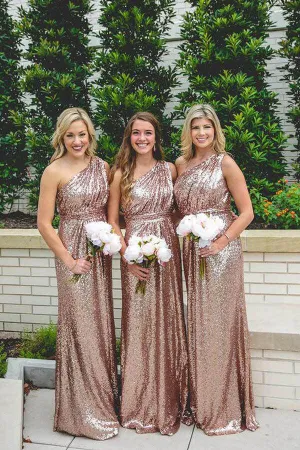 Sparkly Rose Gold Sequins One Shoulder Long Bridesmaid Dresses, MBD189
