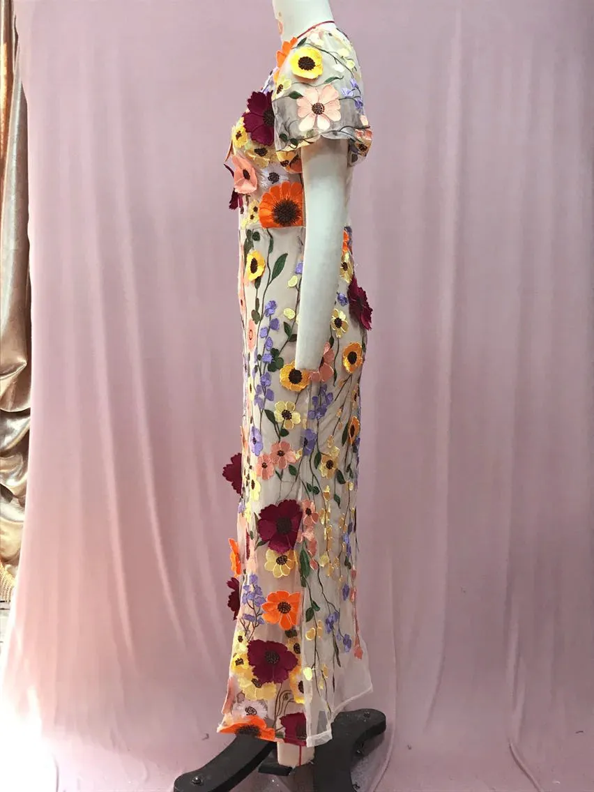 Spring Summer Fall Light Luxury Round Neck Embroidered Mesh Lace Dress 3D Flower Bubble Sleeves Mid-Length Dress Wrapped Hip Fish Tail