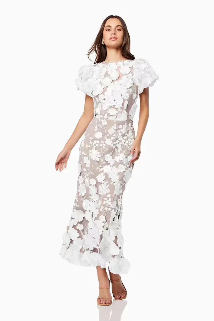 Spring Summer Fall Light Luxury Round Neck Embroidered Mesh Lace Dress 3D Flower Bubble Sleeves Mid-Length Dress Wrapped Hip Fish Tail