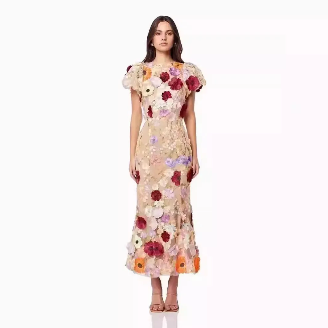 Spring Summer Fall Light Luxury Round Neck Embroidered Mesh Lace Dress 3D Flower Bubble Sleeves Mid-Length Dress Wrapped Hip Fish Tail