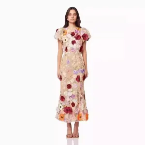 Spring Summer Fall Light Luxury Round Neck Embroidered Mesh Lace Dress 3D Flower Bubble Sleeves Mid-Length Dress Wrapped Hip Fish Tail