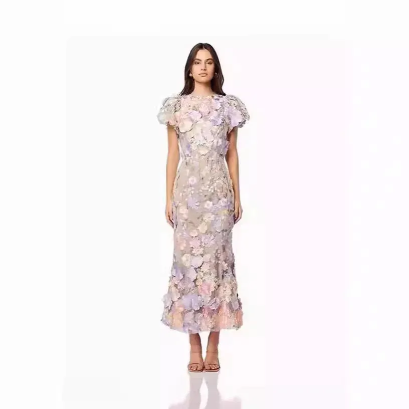 Spring Summer Fall Light Luxury Round Neck Embroidered Mesh Lace Dress 3D Flower Bubble Sleeves Mid-Length Dress Wrapped Hip Fish Tail