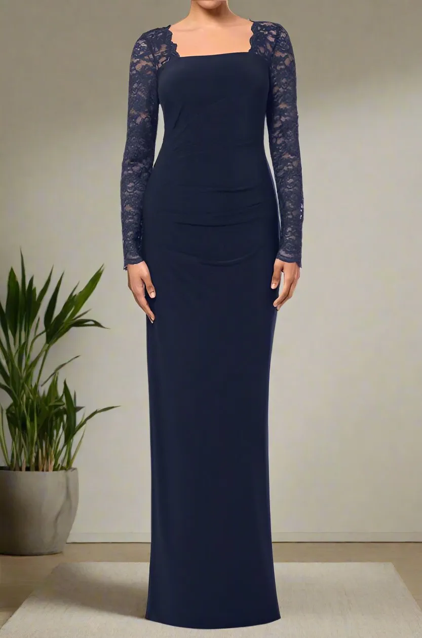 Square Neck Sheath Dark Navy Long Sleeve Mother of The Bride Dresses