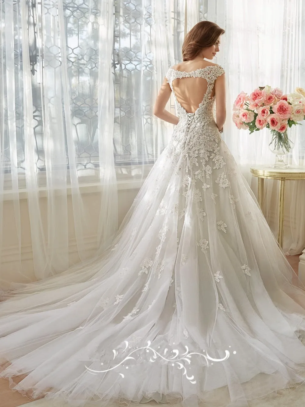 Stunning Beaded Backless Designer Lace Wedding Dress Fall /Winter