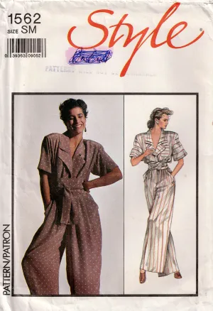 Style 1562 Womens Wide Leg Pleated Jumpsuit & Sash 1980s Vintage Sewing Pattern Size SMALL 10 - 12 UNCUT Factory Folded