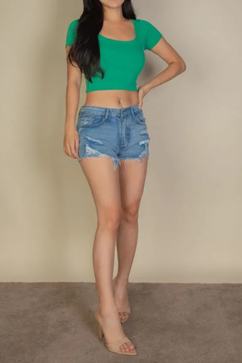 Tight Knitted Square Neck Short Sleeve T shirt