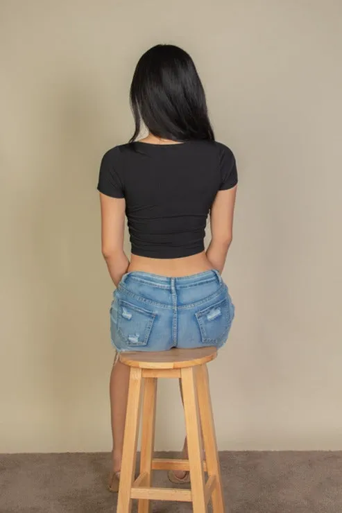 Tight Knitted Square Neck Short Sleeve T shirt