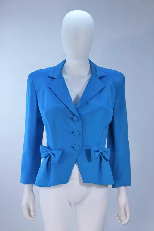TRAVILLA Blue Silk Skirt Suit with Bows Size 6