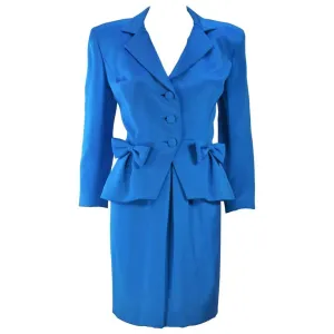 TRAVILLA Blue Silk Skirt Suit with Bows Size 6