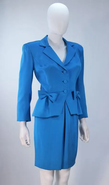 TRAVILLA Blue Silk Skirt Suit with Bows Size 6