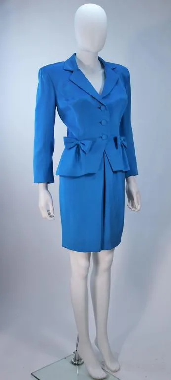 TRAVILLA Blue Silk Skirt Suit with Bows Size 6
