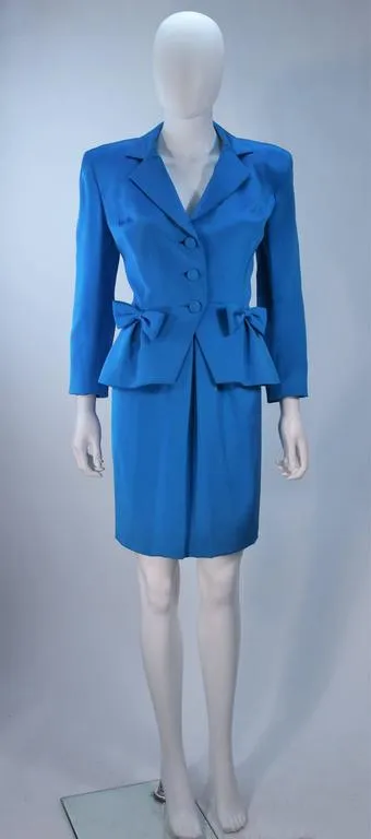 TRAVILLA Blue Silk Skirt Suit with Bows Size 6