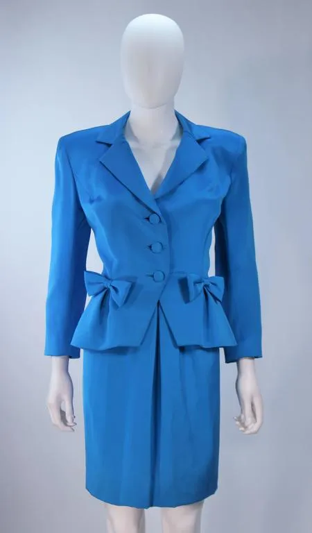 TRAVILLA Blue Silk Skirt Suit with Bows Size 6