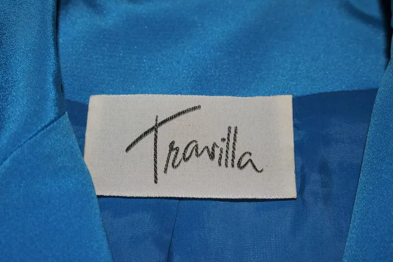 TRAVILLA Blue Silk Skirt Suit with Bows Size 6