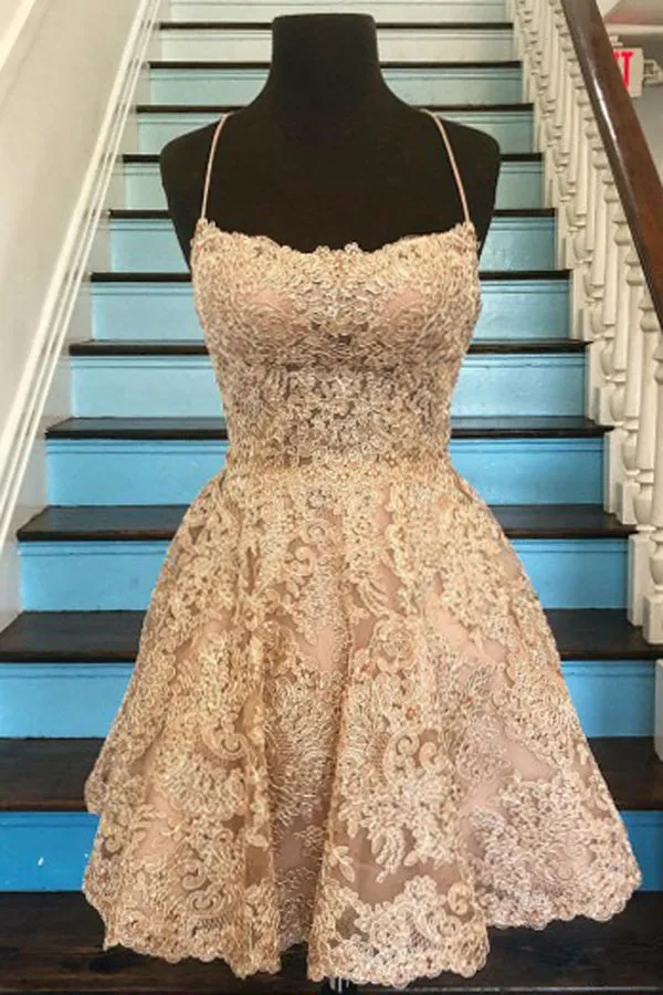 Tulle A-line Lace Appliques Spaghetti Straps Homecoming Dresses ,MH486