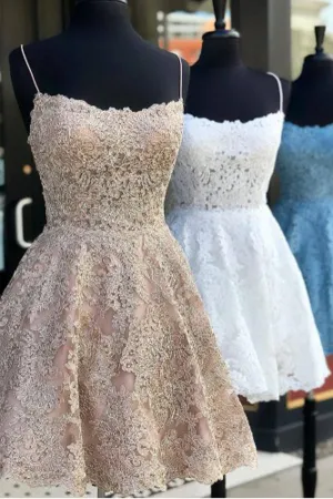 Tulle A-line Lace Appliques Spaghetti Straps Homecoming Dresses ,MH486