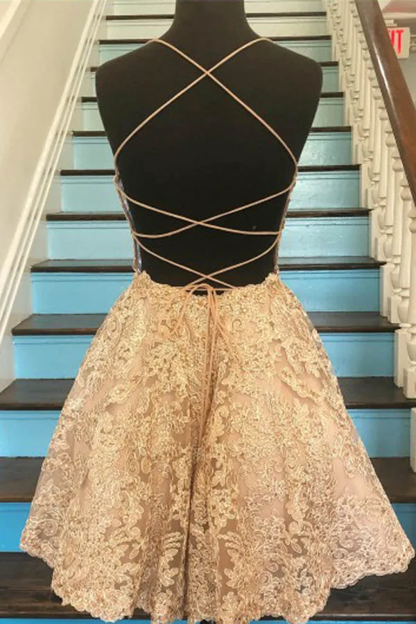 Tulle A-line Lace Appliques Spaghetti Straps Homecoming Dresses ,MH486