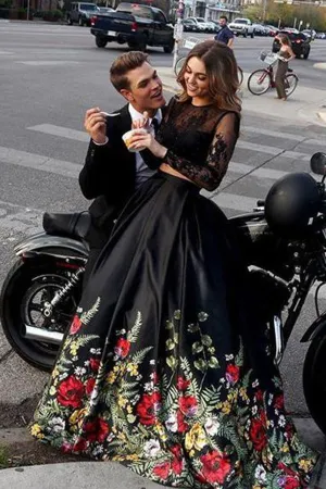 Two Piece Prom Dresses Black Lace Floral Print Long Sleeves Prom Dresses, SP613