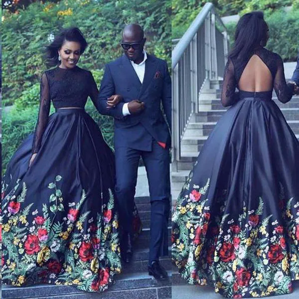Two Piece Prom Dresses Black Lace Floral Print Long Sleeves Prom Dresses, SP613